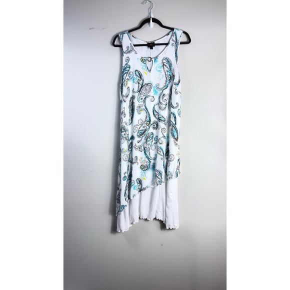 JM Collection Dresses & Skirts - JM Collection Sleeveless Paisley Asymmetrical Tiered Dress White Blue Women M